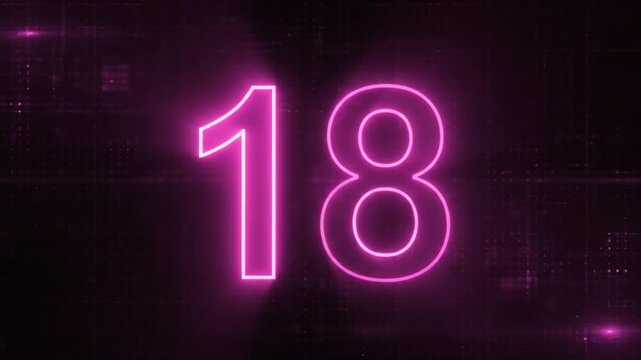 Neon pink digital countdown from 13 to 18 on dark background with technological grid visual effect