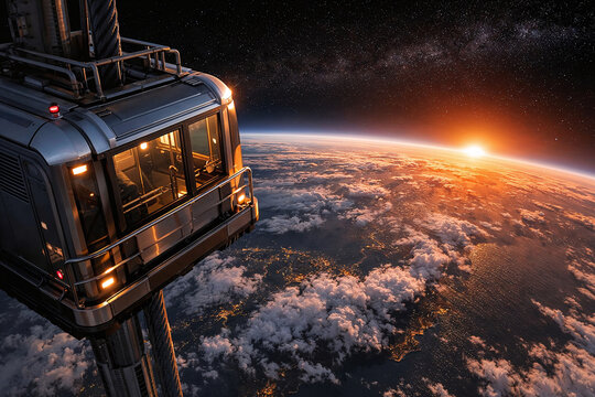 space elevator ascending on cables high abov the Earth