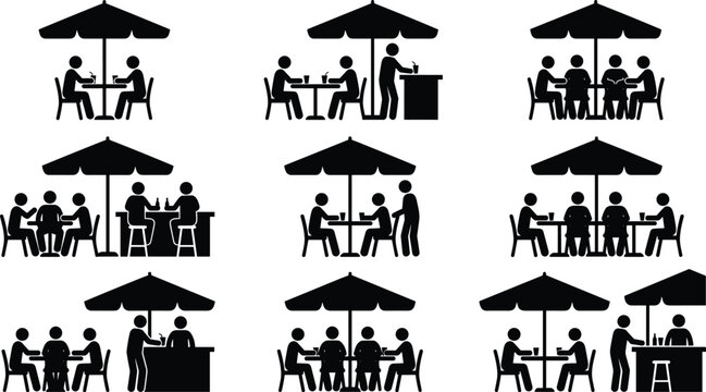 Restaurant outdoor dining silhouette set with people eating under umbrellas waiter serving food cafe scene vector illustration collection isolated