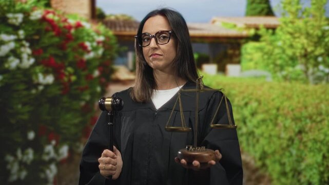 Woman judge in black robe holding gavel and bronze scales with hand extended in studio setting, neutral expression; authority.