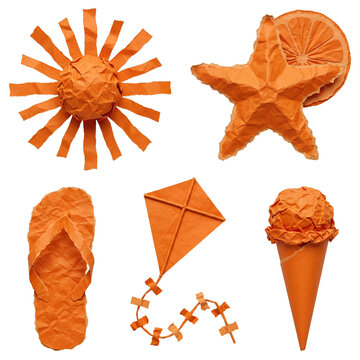 Monochromatic orange crumpled paper summer icons isolated on transparent background, perfect for seasonal designs.