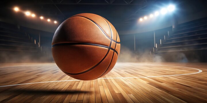 Fast moving ball bouncing on hardwood floor before going through a hoop in a basketball court
