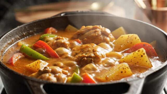 Close up steaming pot of delicious chicken stew with potatoes, peppers, and chickpeas in a cast iron pot