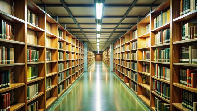 Long corridor of college library with empty bookshelves and dim fluorescent lights
