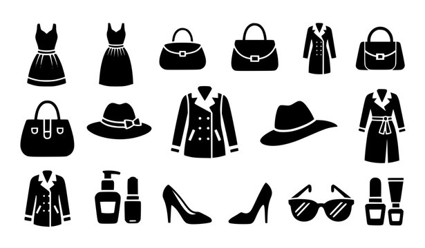 Bold fashion icon collection with solid clothing accessories and modern style symbols