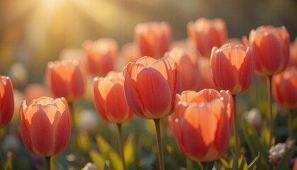 Obraz premium Soft sunlight bathes a field of vibrant orange tulips, creating a warm and serene springtime scene.