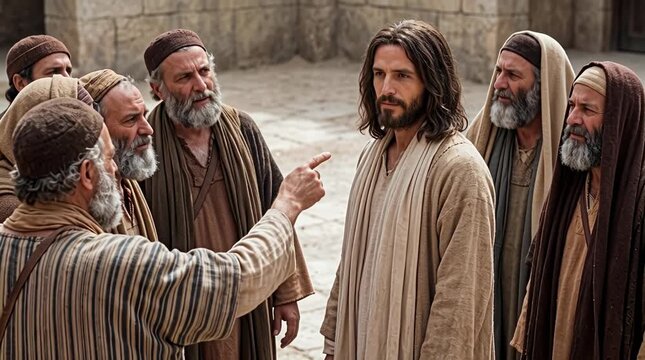 Jesus maintaining calm eye contact as the Jews point out he is not yet fifty years old