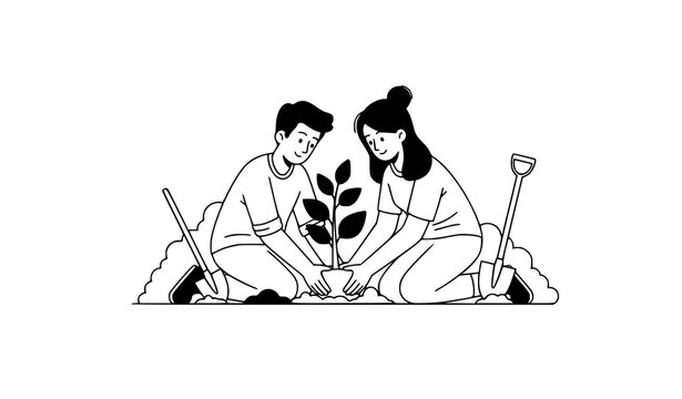 Environmental couple planting young tree together flat vector illustration in black and white for sustainability concept