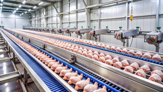High-speed conveyor belt in modern poultry processing plant