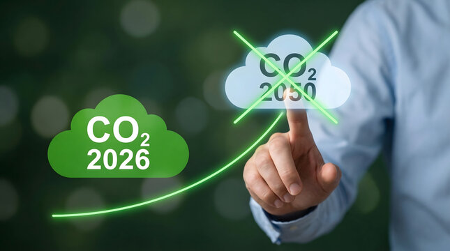 A human hand highlights an ambitious carbon dioxide reduction target for the year 2026 surpassing the prior 2030 goal on a futuristic green digital di