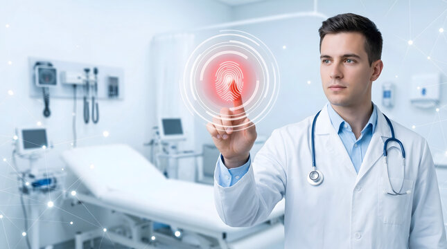 Professional male doctor uses a futuristic digital fingerprint identification system in a bright modern hospital room showcasing secure healthcare tec