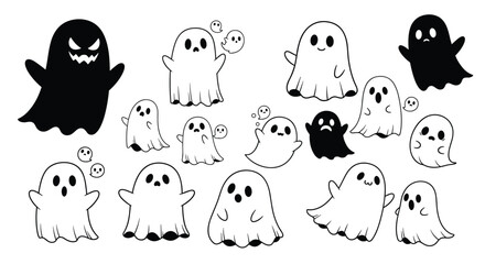 Fototapeta premium Black and white vector illustration set featuring various cute and spooky halloween ghosts with different expressions for seasonal greeting cards and festive branding design