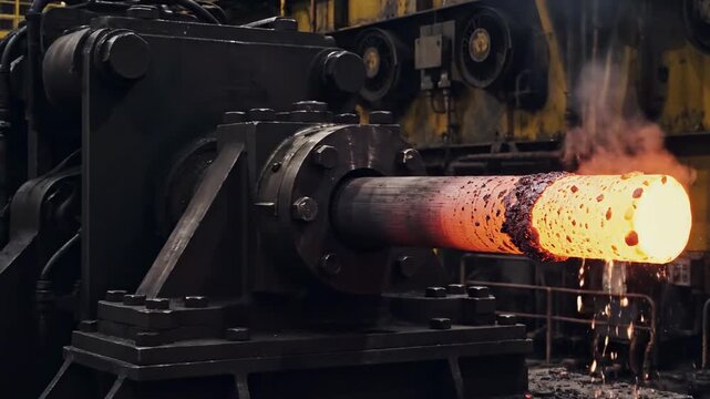 A fiery orange-red cylindrical metal piece emerges from a large industrial machine, with sparks flying around in a dimly lit factory setting, showcasing the intense heat and power of metalworking