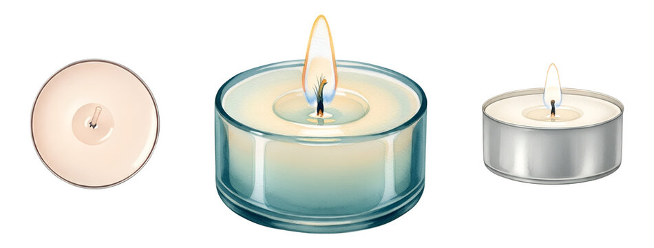 Three tea lights with one in a glass holder on a transparent background