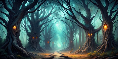 Obraz premium Dark forest with twisted trees and glowing eyes