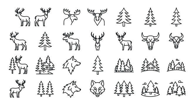 Black line vector icon set for forest wildlife featuring deer moose wolves bulls and pine trees with cabin landscapes for outdoor nature adventure branding,
