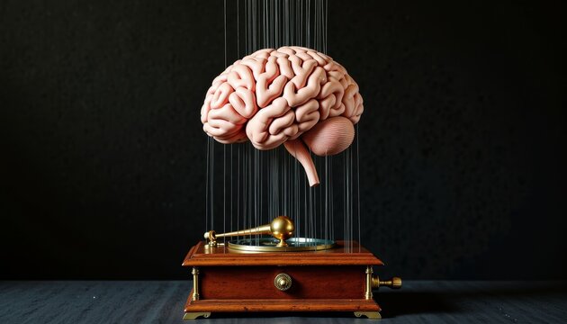 Intricate Conceptual Artwork Featuring a Hanging Brain Above a Vintage Music Box, Blending Themes of Science and Creativity in a Surreal and Thought-Provoking Display