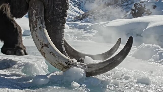 Prehistoric Woolly Mammoth Breaking Frozen Ice in Snowy Mountains