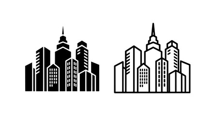 Fototapeta premium Modern cityscape icon with tall buildings and skyscrapers: urban vector graphic