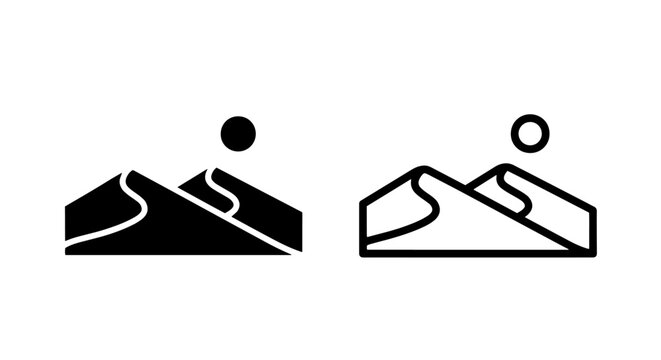 Simple desert dunes icon with moon: arid sand landscape vector graphic