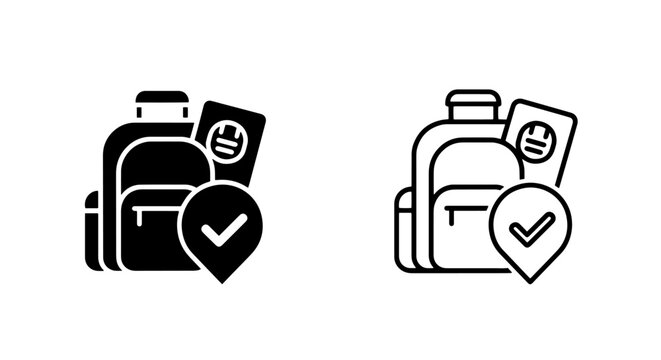 Travel confirmed backpack passport destination checkmark pin icon vector