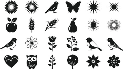 Obraz premium Black silhouette vector icon set featuring various nature elements including birds butterflies owls flowers fruit trees and stars for organic environmental branding design