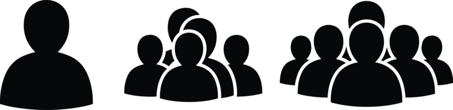 Black silhouette vector icon set featuring single user profile headshot small group team and large community crowd for corporate human resources and membership branding design,