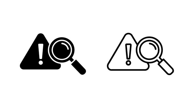 Warning search icon. alert magnifying glass symbol for error investigation
