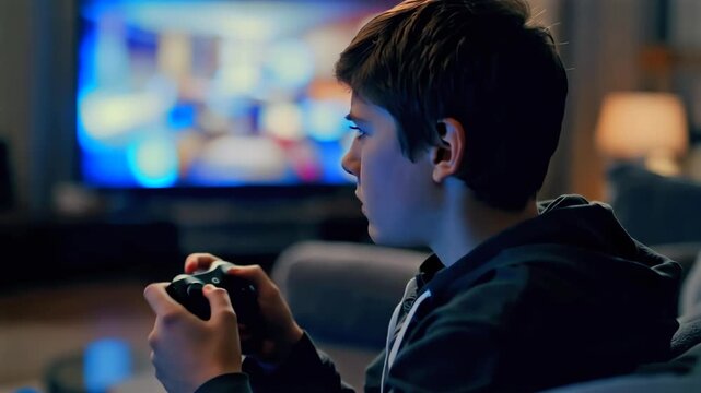 Young boy focused on controller indoors competing in late night online match with intense expression, couch seating, hoodie, blurred television background, competitive atmosphere and quick