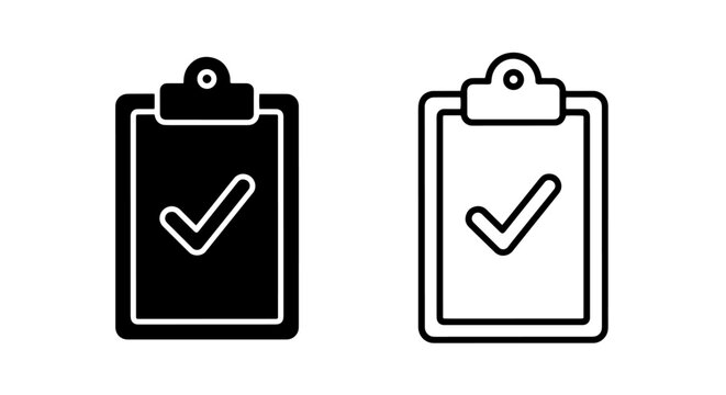 Clipboard checkmark icon: solid black and outline for task completion