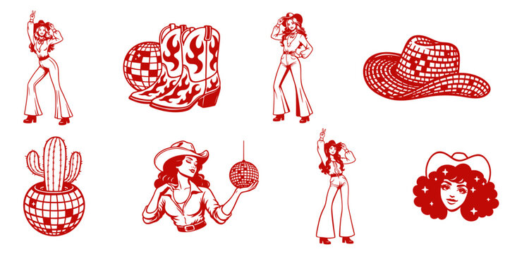 Disco Cowgirl Retro Pin Up Glam Set with Western Boots Hat Cactus Mirror Ball and 70s Rodeo Party Aesthetic