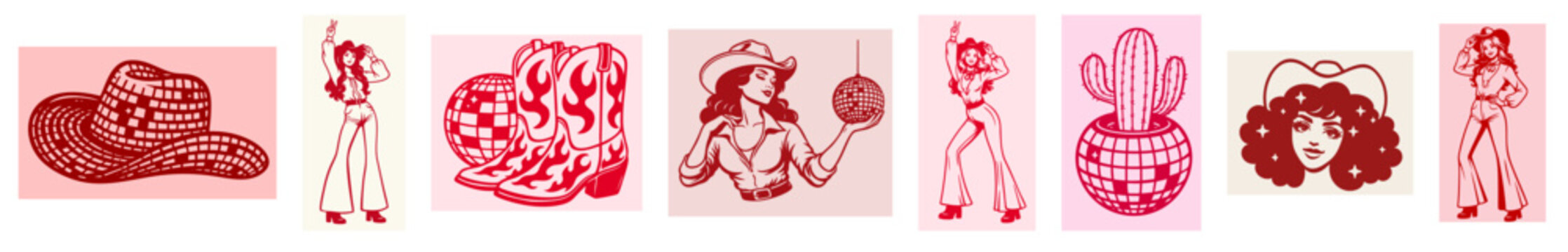 Disco Cowgirl Retro Pin-Up Set, Western Rodeo Woman Dancing with Mirrorball, 70s Country Party Aesthetic with Disco Cowboy Hat, Flame Boots, Cactus Disco Ball and Vintage Glamour Cowgirl Portraits