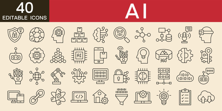Artificial intelligence thin line icons vector illustration with icons of chipset, brain, intelligence, virtual, code, machine, robot, devices and more 