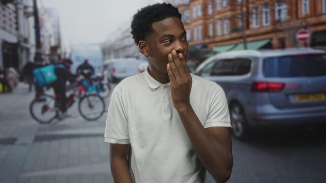Young african american man hand to lips for silence on busy street with delivery cyclists behind him; hush contemplation.
