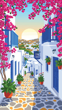 A vibrant view of a traditional greek village framed by bougainvillea blossoms vector art