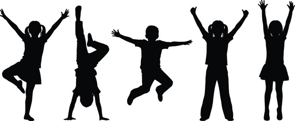 Black silhouette vector illustration set featuring active happy children jumping playing and dancing with arms raised for childhood joy and youth community branding design,t