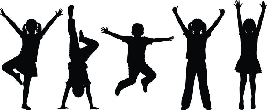 Black silhouette vector illustration set featuring active happy children jumping playing and dancing with arms raised for childhood joy and youth community branding design,t