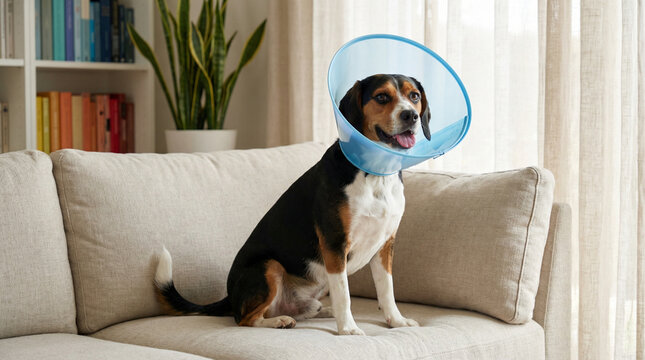 Dog wearing blue cone collar sitting on couch in bright living room  