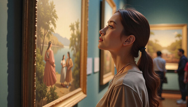 Young woman observing painting in museum gallery