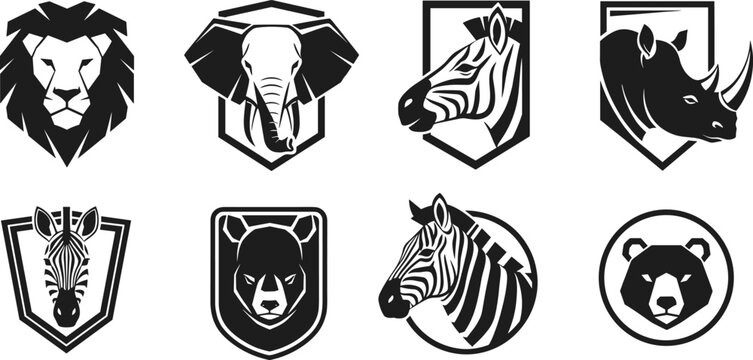Wild animal head logo icon set featuring lion elephant zebra rhinoceros and bear in minimalist black and white style.Wild animal head logo icon set featuring lion elephant zebra rhinoceros and bear in