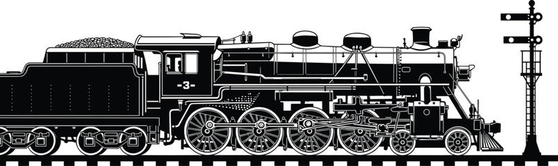 Steam locomotive silhouette illustration, railway signal post, coal tender design, historical train vector, mechanical engineering art, rail transport heritage, flavector © MSTMASUMA