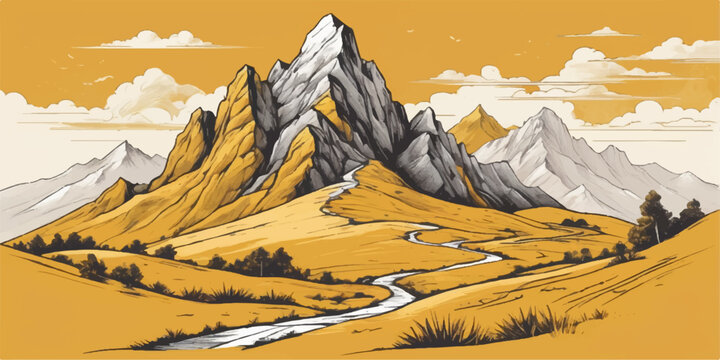 Winter mountain landscape with snow covered peaks and a cloudy alpine sky