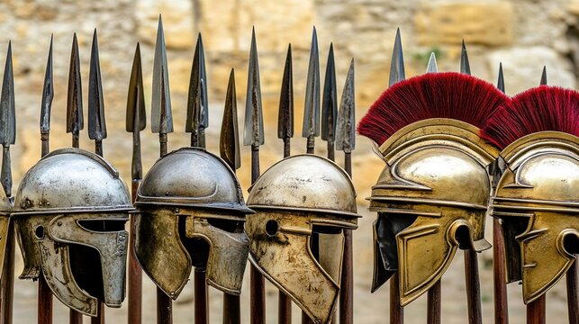 centurion. Polished Roman helmets and spears in formation with dramatic lighting. event programs, museum guides, designed for cultural heritage projects and event programs, supports education.