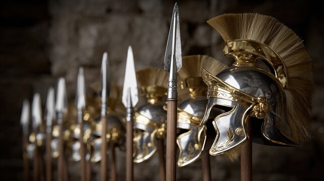 centurion. Polished Roman helmets and spears in formation with dramatic lighting. event programs, museum guides, designed for cultural heritage projects and event programs, supports education.