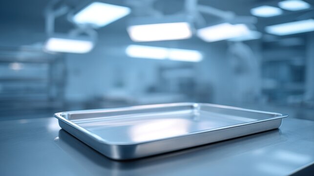 highkey. A sterile and clean medical setting with an empty surgical tray under focused lighting. STEM education sheets, lab safety posters, designed for STEM education and laboratory safety posters.