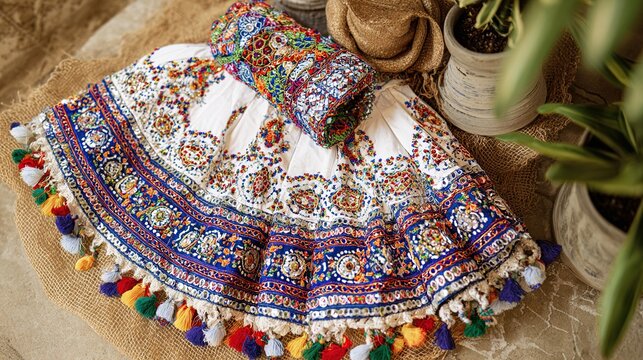 choli. A vibrant traditional dress with intricate mirror work and tassels on fabric. event programs, museum guides, designed for cultural heritage projects and event programs.