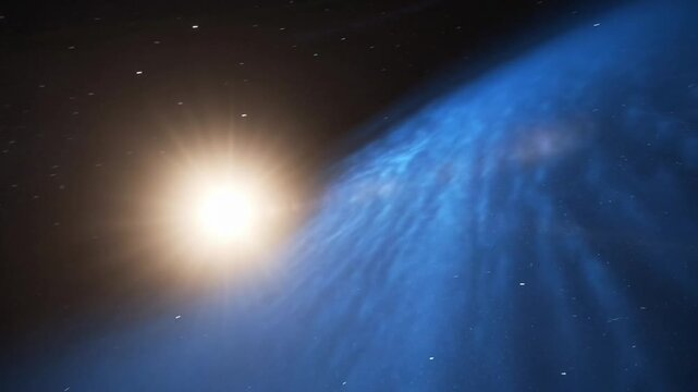 A bright celestial body emits light into a deep blue nebula with stars in outer space.