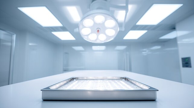 highkey. A sterile and clean medical setting with an empty surgical tray under focused lighting. STEM education sheets, lab safety posters, designed for STEM education and laboratory safety posters.