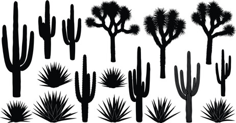 Black silhouette vector illustration set featuring various desert plants including saguaro cactus joshua trees and agave for arid landscape nature and southwestern branding design © rehna