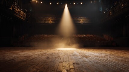 Obraz premium backstage. Empty theater stage with a solitary golden spotlight, creating a dramatic and mysterious ambiance. event programs.